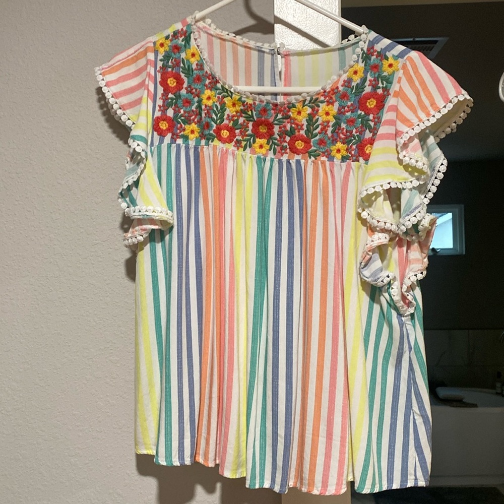 Boho flower and striped shirt.